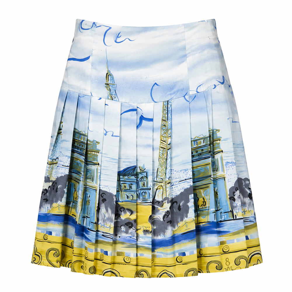 Vintage Inspired Blue & Gold Cityscape Pleated A-Line Skirt